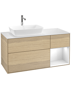 Villeroy und Boch Finion Waschtischunterschrank F811GFPC 120cm, Abdeckplatte white matt, Regale Glossy white lacquer, Oak Veneer