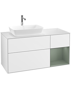 Villeroy und Boch Finion Waschtischunterschrank F811GMGF 120cm, Abdeckplatte white matt, Regale Olive matt lacquer, Glossy white lacquer