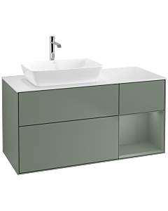 Villeroy und Boch Finion Villeroy und Boch F811GMGM 120cm, plaque de finition blanc mat, étagères laqué mat olive, Olive Matt Lacquer