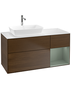 Villeroy und Boch Finion Waschtischunterschrank F811GMGN 120cm, Abdeckplatte white matt, Regale Olive matt lacquer, Walnut veneer