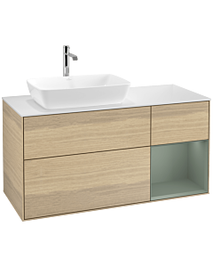 Villeroy und Boch Finion Villeroy und Boch F811GMPC 120cm, plaque de finition blanc mat, étagères olive laqué mat, Oak Veneer