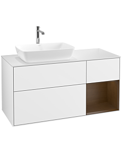 Villeroy und Boch Finion Waschtischunterschrank F811GNGF 120cm, Abdeckplatte white matt, Regale Walnut Veneer, Glossy white lacquer