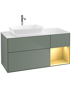 Villeroy und Boch Finion Waschtischunterschrank F811HFGM 120cm, Abdeckplatte white matt, Regale Gold matt lacquer, Olive Matt Lacquer