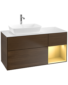 Villeroy und Boch Finion Waschtischunterschrank F811HFGN 120cm, Abdeckplatte white matt, Regale Gold matt lacquer, Walnut veneer