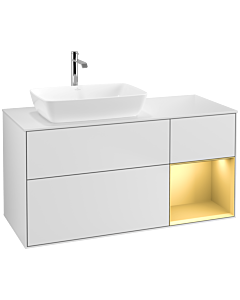 Villeroy und Boch Finion Villeroy und Boch F811HFMT 120cm, plaque de recouvrement blanc mat, étagères laqué mat doré, laqué blanc mat