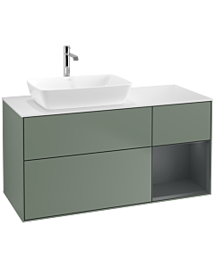 Villeroy und Boch Finion Waschtischunterschrank F811HGGM 120cm, Abdeckplatte white matt, Regale Midnight matt lacquer, Olive Matt Lacquer
