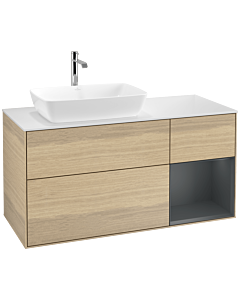 Villeroy und Boch Finion Waschtischunterschrank F811HGPC 120cm, Abdeckplatte white matt, Regale Midnight matt lacquer, Oak Veneer