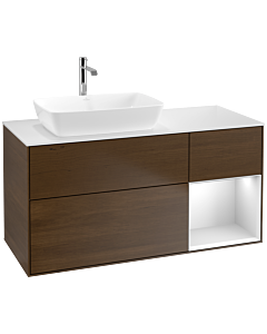 Villeroy und Boch Finion Waschtischunterschrank F811MTGN 120cm, Abdeckplatte white matt, Regale White matt lacquer, Walnut veneer