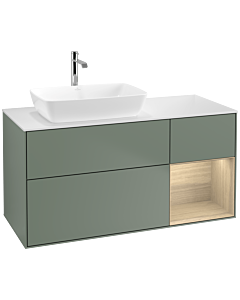 Villeroy und Boch Finion Waschtischunterschrank F811PCGM 120cm, Abdeckplatte white matt, Regale Oak Veneer, Olive Matt Lacquer