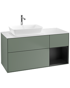 Villeroy und Boch Finion Waschtischunterschrank F811PDGM 120cm, Abdeckplatte white matt, Regale Black matt lacquer, Olive Matt Lacquer