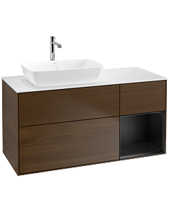 Villeroy und Boch Finion Waschtischunterschrank F811PDGN 120cm, Abdeckplatte white matt, Regale Black matt lacquer, Walnut veneer