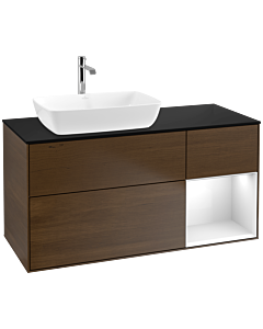 Villeroy und Boch Finion Waschtischunterschrank F812GFGN 120cm, Abdeckplatte black matt, Regale Glossy white lacquer, Walnut veneer