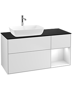 Villeroy und Boch Finion Waschtischunterschrank F812GFMT 120cm, Abdeckplatte black matt, Regale Glossy white lacquer, White matt lacquer