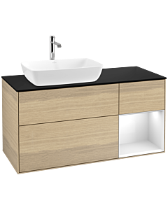 Villeroy und Boch Finion Waschtischunterschrank F812GFPC 120cm, Abdeckplatte black matt, Regale Glossy white lacquer, Oak Veneer