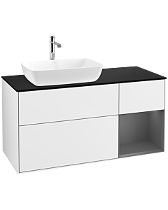 Villeroy und Boch Finion Waschtischunterschrank F812GKGF 120cm, Abdeckplatte black matt, Regale Anthracite matt lacquer, Glossy white lacquer