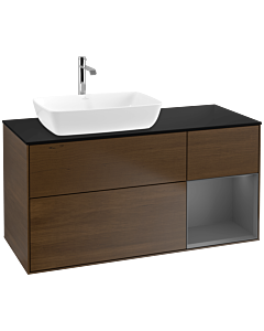 Villeroy und Boch Finion Waschtischunterschrank F812GKGN 120cm, Abdeckplatte black matt, Regale Anthracite matt lacquer, Walnut veneer