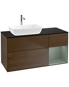 Villeroy und Boch Finion Waschtischunterschrank F812GMGN 120cm, Abdeckplatte black matt, Regale Olive matt lacquer, Walnut veneer