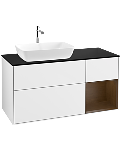 Villeroy und Boch Finion Waschtischunterschrank F812GNGF 120cm, Abdeckplatte black matt, Regale Walnut Veneer, Glossy white lacquer
