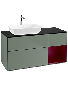 Villeroy und Boch Finion Waschtischunterschrank F812HBGM 120cm, Abdeckplatte black matt, Regale Peony matt lacquer, Olive Matt Lacquer