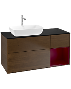 Villeroy und Boch Finion Waschtischunterschrank F812HBGN 120cm, Abdeckplatte black matt, Regale Peony matt lacquer, Walnut veneer