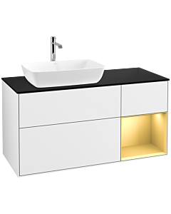 Villeroy und Boch Finion Waschtischunterschrank F812HFGF 120cm, Abdeckplatte black matt, Regale Gold matt lacquer, Glossy white lacquer