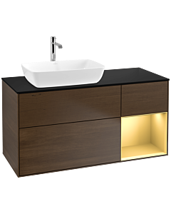 Villeroy und Boch Finion Waschtischunterschrank F812HFGN 120cm, Abdeckplatte black matt, Regale Gold matt lacquer, Walnut veneer