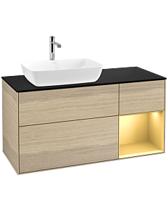 Villeroy und Boch Finion Waschtischunterschrank F812HFPC 120cm, Abdeckplatte black matt, Regale Gold matt lacquer, Oak Veneer
