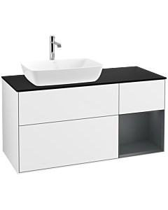 Villeroy und Boch Finion Waschtischunterschrank F812HGGF 120cm, Abdeckplatte black matt, Regale Midnight matt lacquer, Glossy white lacquer