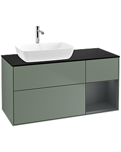 Villeroy und Boch Finion Waschtischunterschrank F812HGGM 120cm, Abdeckplatte black matt, Regale Midnight matt lacquer, Olive Matt Lacquer