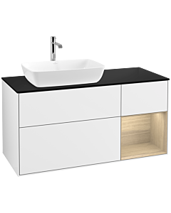 Villeroy und Boch Finion Waschtischunterschrank F812PCGF 120cm, Abdeckplatte black matt, Regale Oak Veneer, Glossy white lacquer