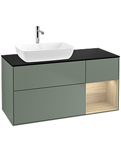 Villeroy und Boch Finion Waschtischunterschrank F812PCGM 120cm, Abdeckplatte black matt, Regale Oak Veneer, Olive Matt Lacquer