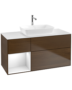 Villeroy und Boch Finion Waschtischunterschrank F821GFGN 120cm, Abdeckplatte white matt, Regale Glossy white lacquer, Walnut veneer