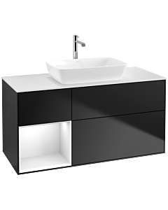 Villeroy und Boch Finion Waschtischunterschrank F821GFPD 120cm, Abdeckplatte white matt, Regale Glossy white lacquer, Black matt lacquer