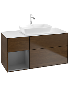 Villeroy und Boch Finion Waschtischunterschrank F821GKGN 120cm, Abdeckplatte white matt, Regale Anthracite matt lacquer, Walnut veneer