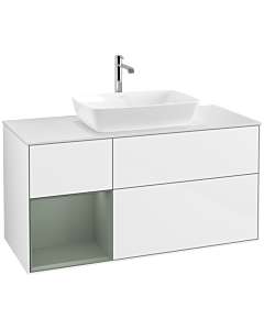 Villeroy und Boch Finion Villeroy und Boch F821GMGF 120cm, plaque de finition blanc mat, étagères laqué mat olive, laqué blanc brillant