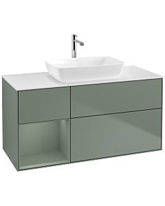 Villeroy und Boch Finion Villeroy und Boch F821GMGM 120cm, plaque de finition blanc mat, étagères laqué mat olive, Olive Matt Lacquer