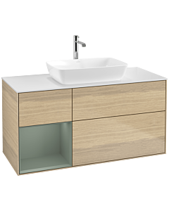 Villeroy und Boch Finion Waschtischunterschrank F821GMPC 120cm, Abdeckplatte white matt, Regale Olive matt lacquer, Oak Veneer