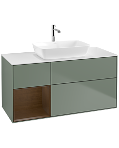 Villeroy und Boch Finion Waschtischunterschrank F821GNGM 120cm, Abdeckplatte white matt, Regale Walnut Veneer, Olive Matt Lacquer
