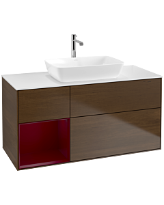 Villeroy und Boch Finion Waschtischunterschrank F821HBGN 120cm, Abdeckplatte white matt, Regale Peony matt lacquer, Walnut veneer