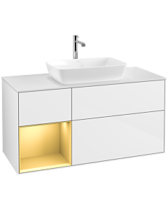 Villeroy und Boch Finion Villeroy und Boch F821HFGF 120cm, plaque de finition blanc mat, étagères laqué or mat, laqué blanc brillant