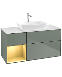 Villeroy und Boch Finion Villeroy und Boch F821HFGM 120cm, plaque de finition blanc mat, étagères laqué or mat, Olive Matt Lacquer