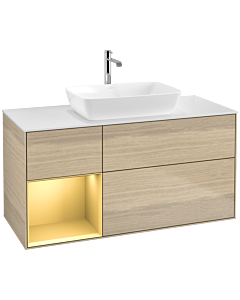 Villeroy und Boch Finion Villeroy und Boch F821HFPC 120cm, plaque de finition blanc mat, étagères laqué or mat, Oak Veneer