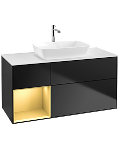 Villeroy und Boch Finion Villeroy und Boch F821HFPD 120cm, plaque de recouvrement blanc mat, étagères laqué mat doré, laqué noir mat