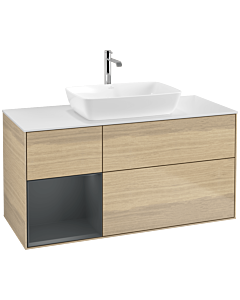 Villeroy und Boch Finion Waschtischunterschrank F821HGPC 120cm, Abdeckplatte white matt, Regale Midnight matt lacquer, Oak Veneer