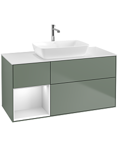 Villeroy und Boch Finion Waschtischunterschrank F821MTGM 120cm, Abdeckplatte white matt, Regale White matt lacquer, Olive Matt Lacquer