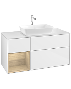Villeroy und Boch Finion Waschtischunterschrank F821PCGF 120cm, Abdeckplatte white matt, Regale Oak Veneer, Glossy white lacquer