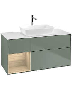 Villeroy und Boch Finion Waschtischunterschrank F821PCGM 120cm, Abdeckplatte white matt, Regale Oak Veneer, Olive Matt Lacquer