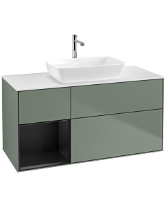 Villeroy und Boch Finion Villeroy und Boch F821PDGM 120cm, plaque de finition blanc mat, étagères laqué noir mat, Olive Matt Lacquer