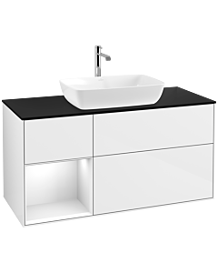 Villeroy und Boch Finion Villeroy und Boch F822GFGF 120cm, plaque de finition noir mat, étagères laqué blanc brillant, laqué blanc brillant