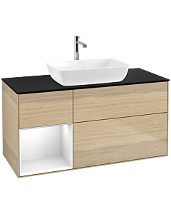 Villeroy und Boch Finion Waschtischunterschrank F822GFPC 120cm, Abdeckplatte black matt, Regale Glossy white lacquer, Oak Veneer